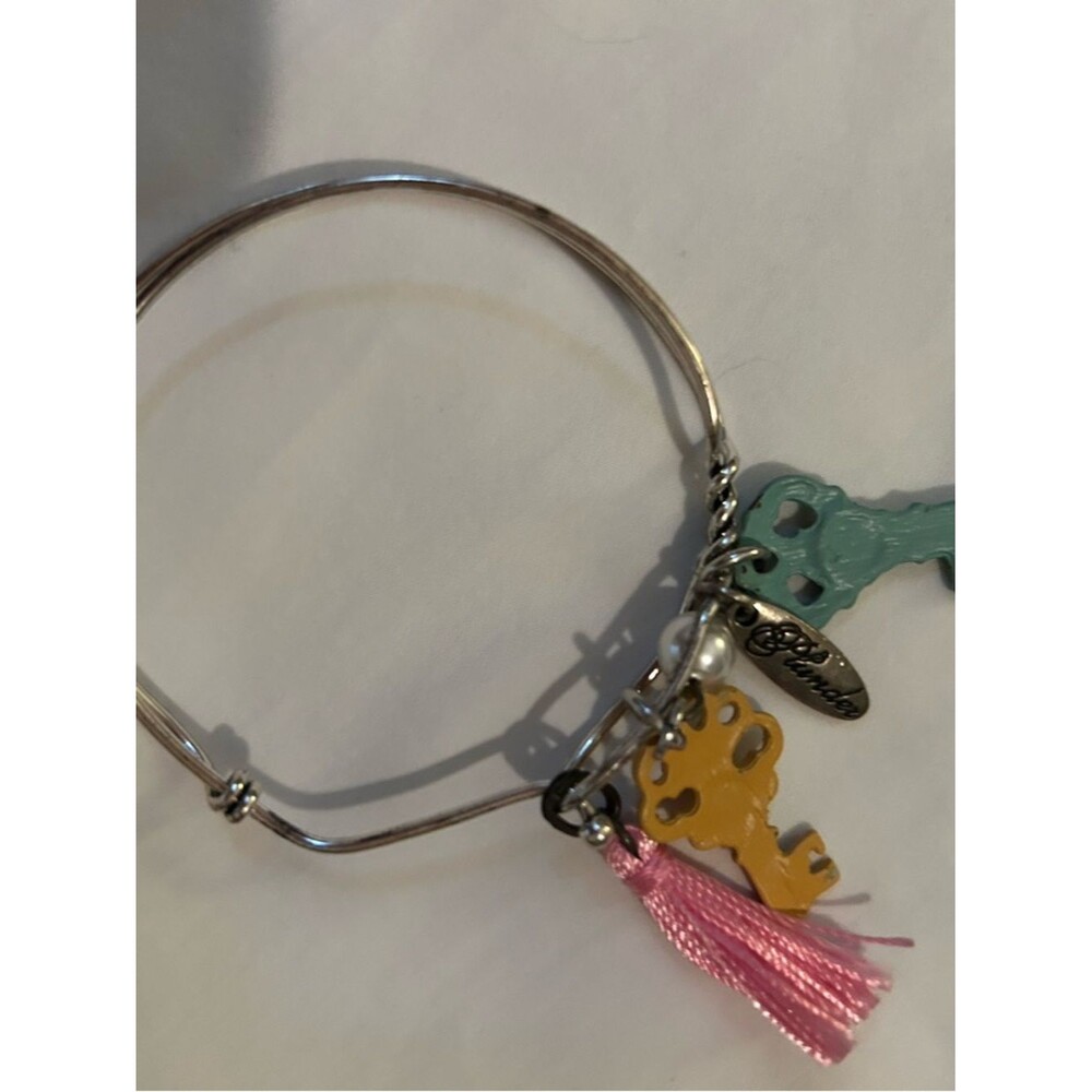 Plunder Silver Bangle Bracelet with Yellow Key, Teal Key & Pink Tassel